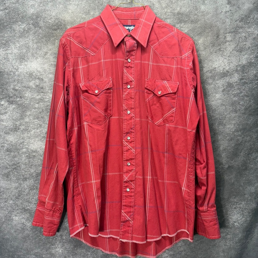 VTG 90s Wrangler Cowboy Cut Western Pearl Snap Shirt Sz 16 Red Plaid X-Long Tail